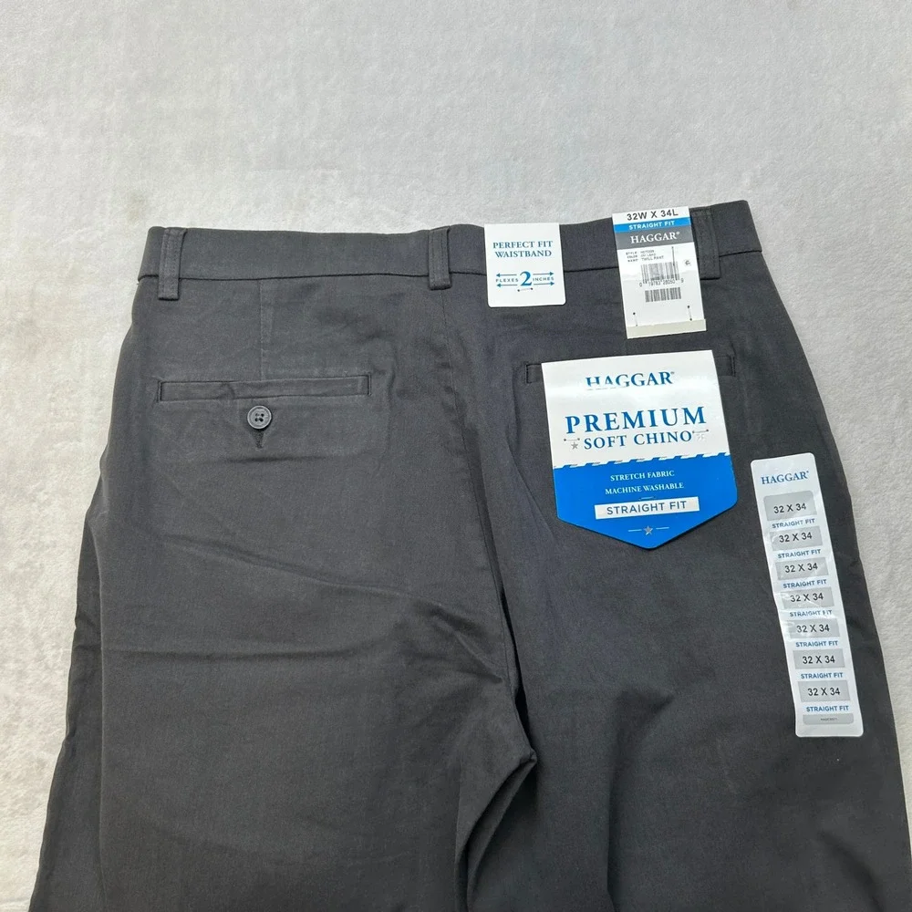 Haggar Premium Soft Chino Twill Pants Mens 32x34 Gray Straight‎ Fit NEW